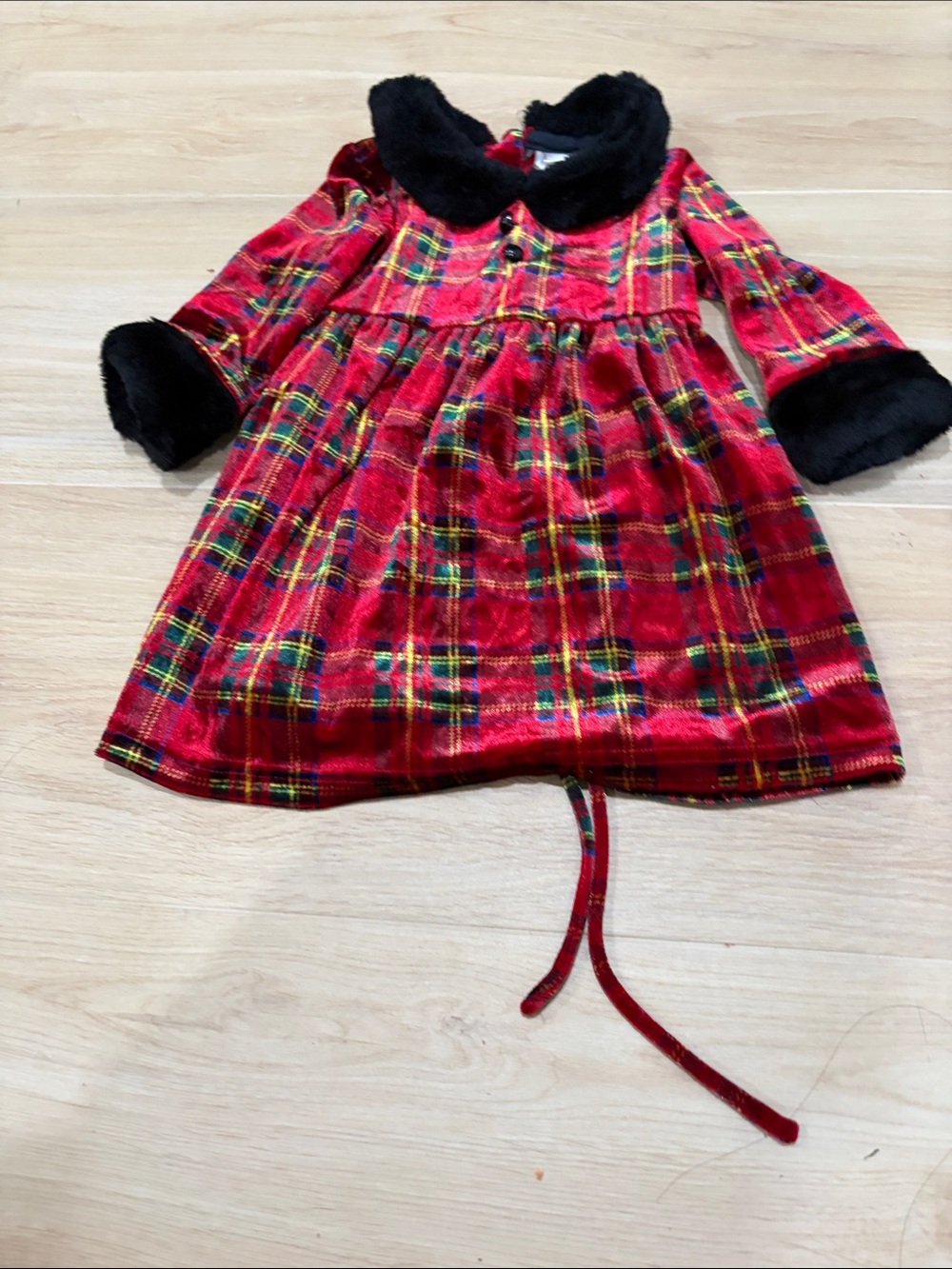 Red Plaid Velvet Girls' Dress with Black Faux Fur Trim